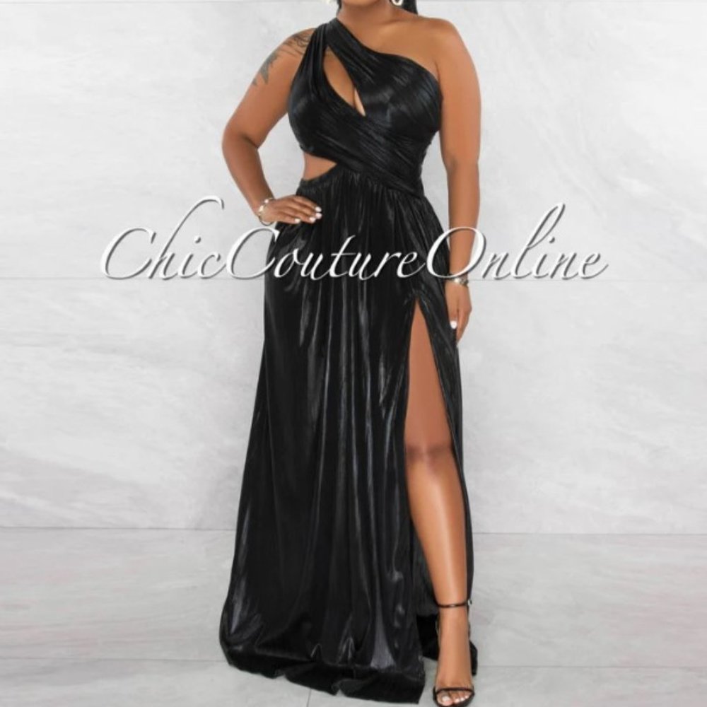 Black Cut-Out Waist Shimmer Maxi Dress